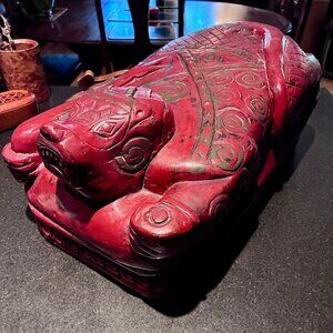 Chinese Warrior Box – Cinnabar Red Hand-Carved Wood Replica